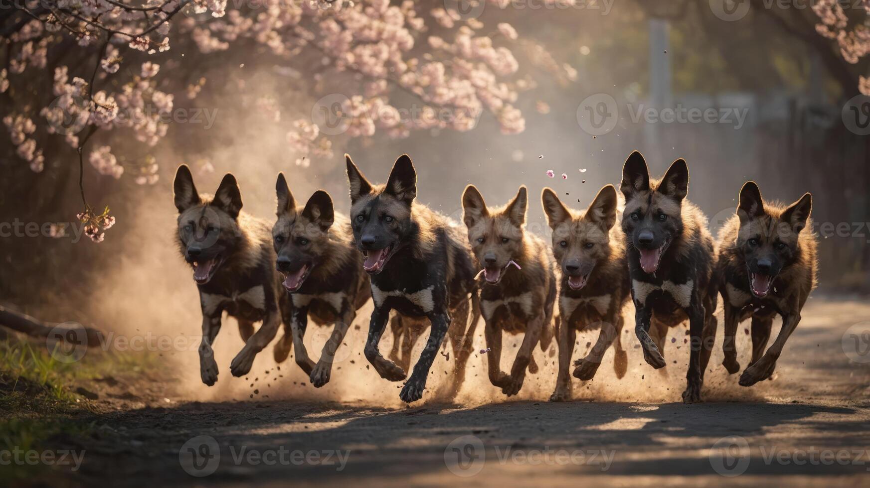 A group of dogs running joyfully along a path, surrounded by blooming trees. photo