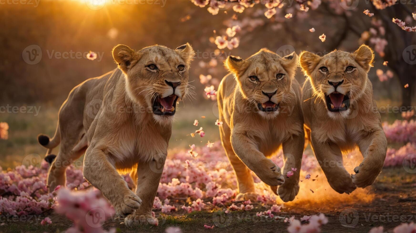 Three lions running through a flower-filled landscape at sunset. photo