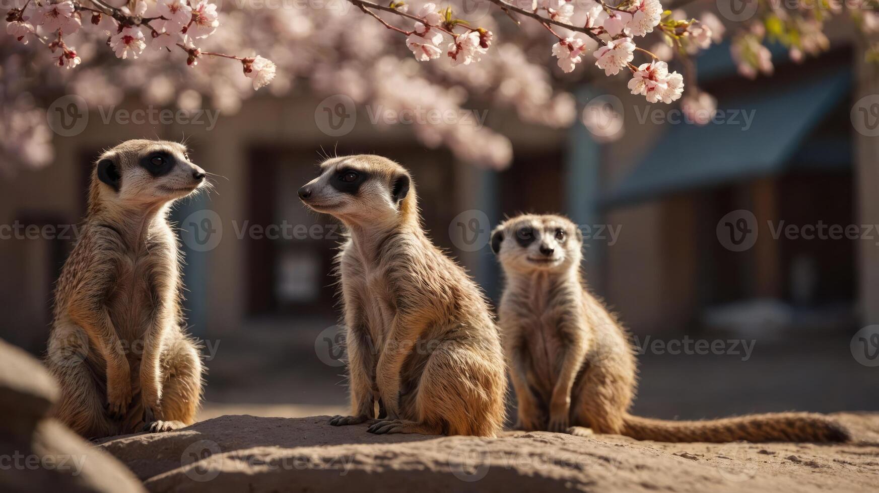 Three meerkats sitting on a rock under cherry blossom trees. photo