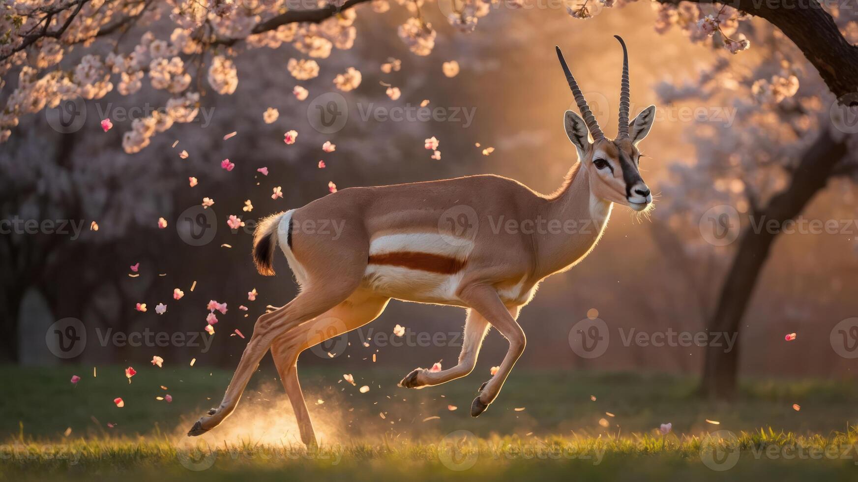 A graceful antelope leaps through a field adorned with cherry blossoms at sunset. photo