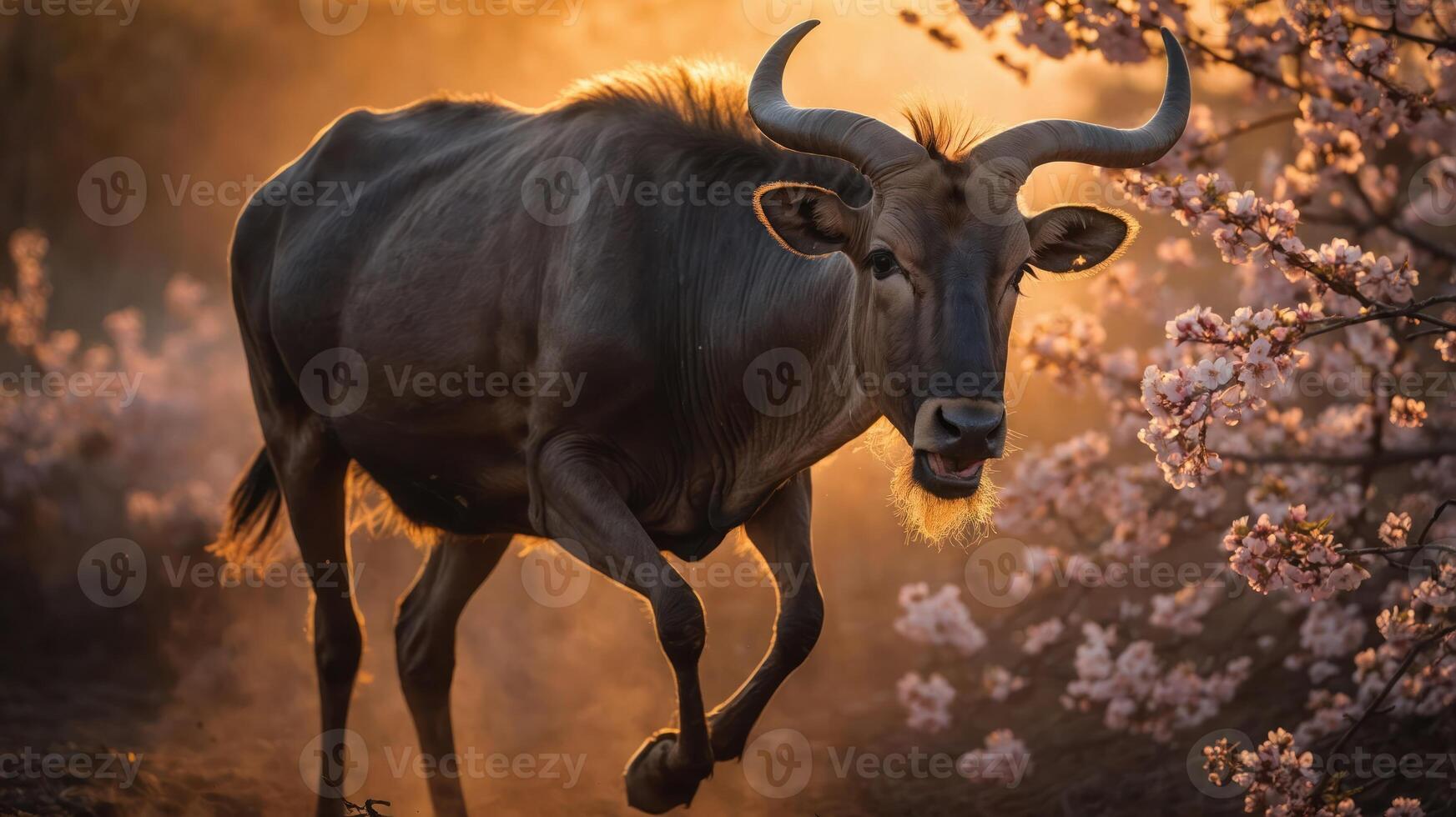 A bull walking through a misty landscape adorned with blooming flowers at sunset. photo