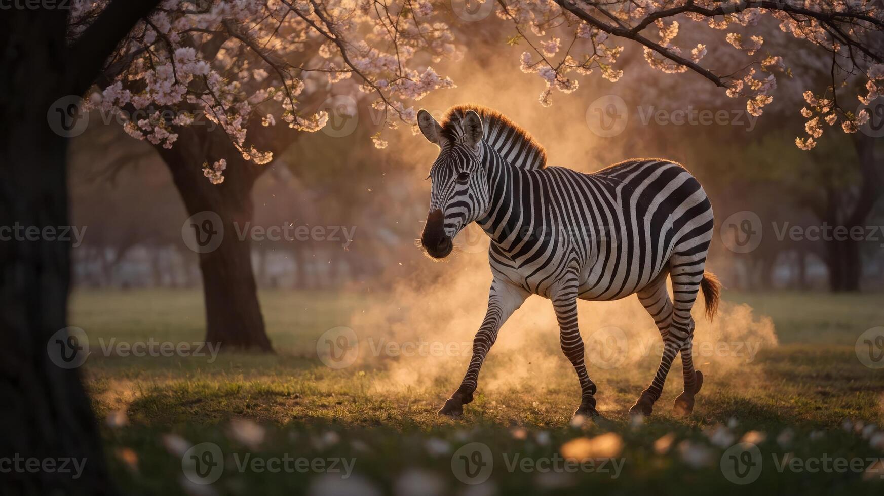 A zebra walks through a misty landscape under blooming trees at sunset. photo