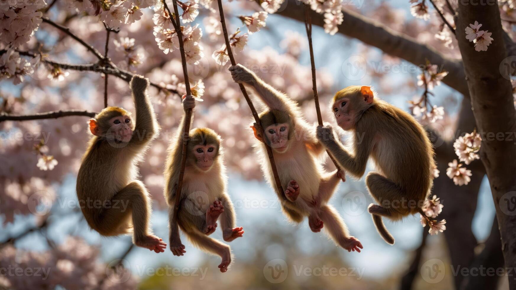Four monkeys hanging from branches surrounded by cherry blossoms in a vibrant setting. photo