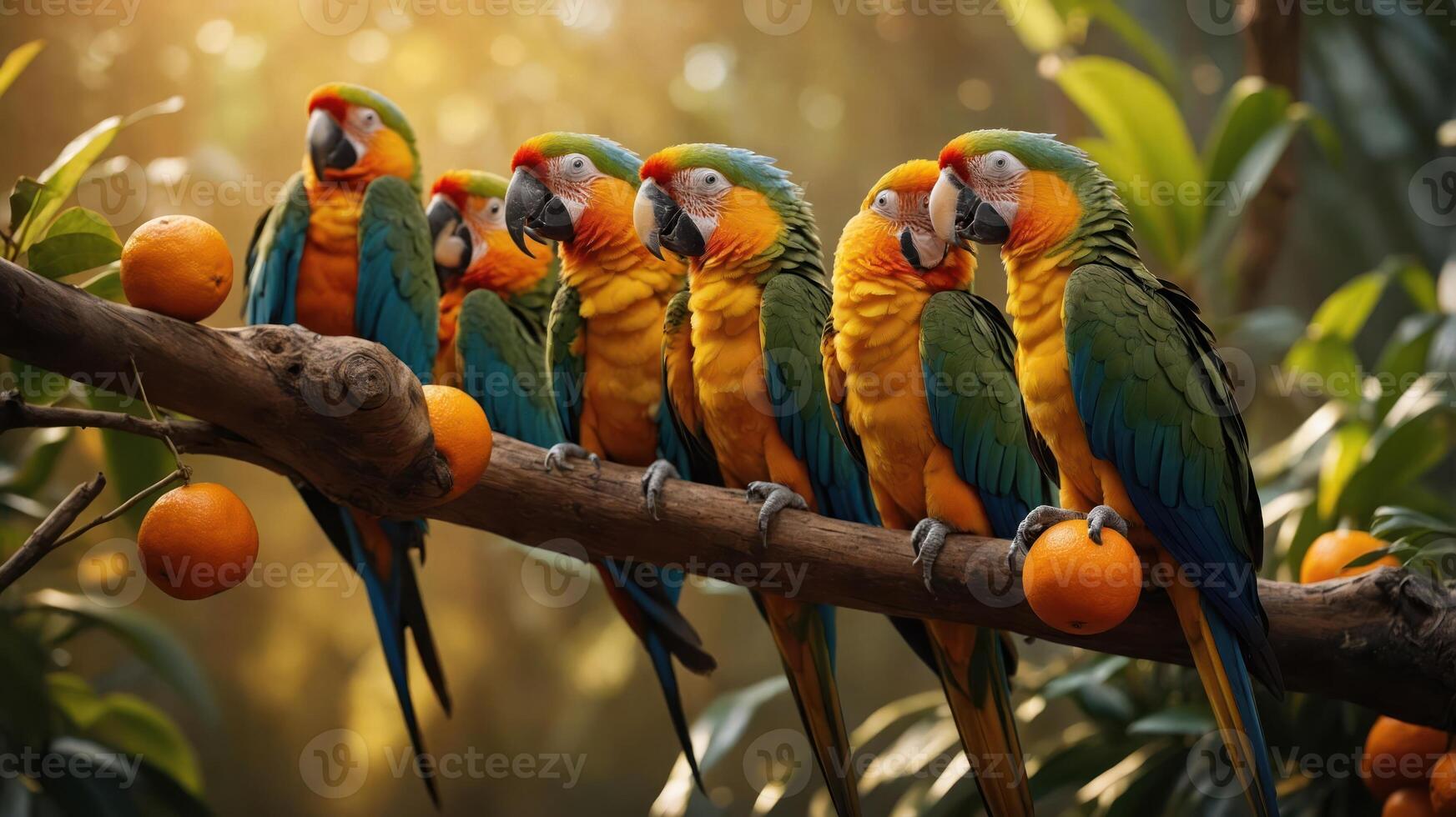 A vibrant group of parrots perched on a branch amidst a lush background. photo