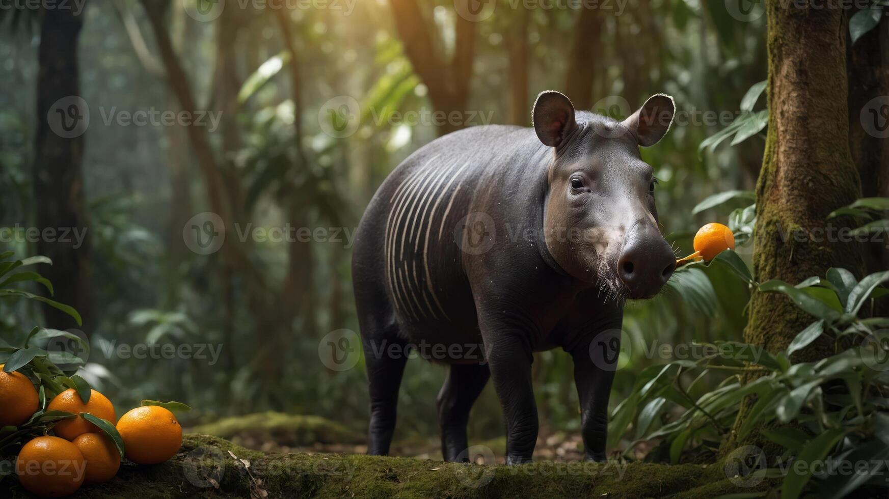 A tapir in a lush forest setting, curiously interacting with oranges on the ground. photo