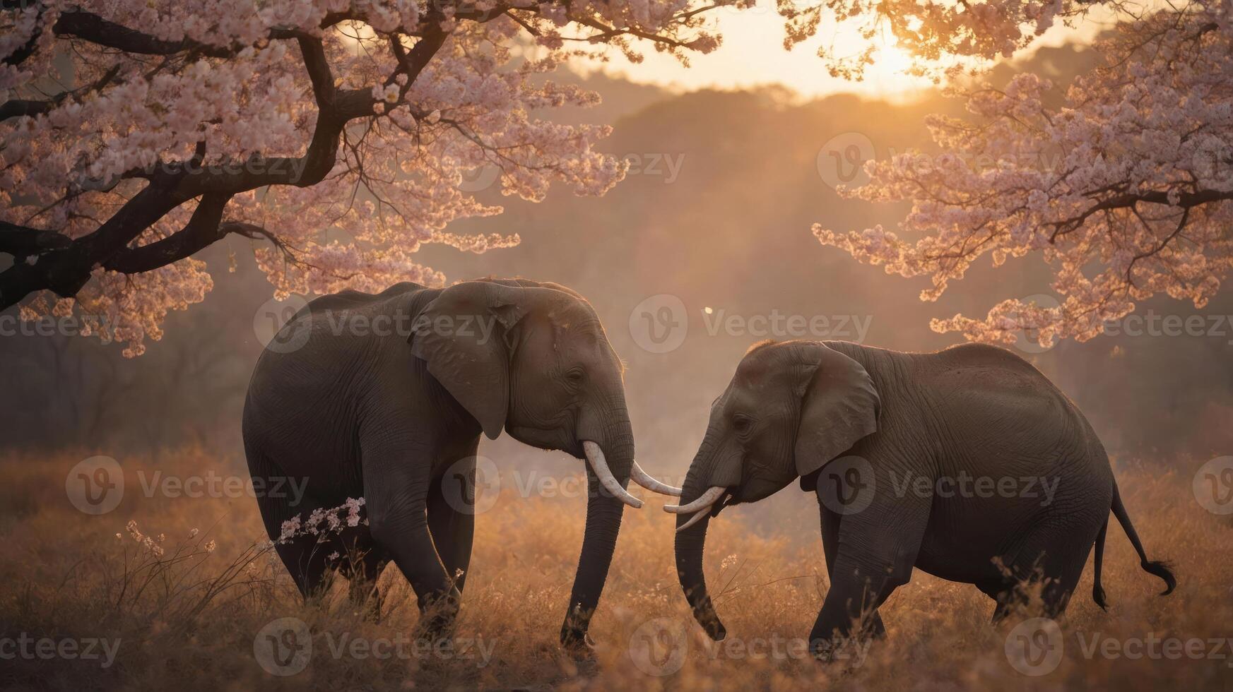 Two elephants playfully interacting under cherry blossom trees at sunset. photo