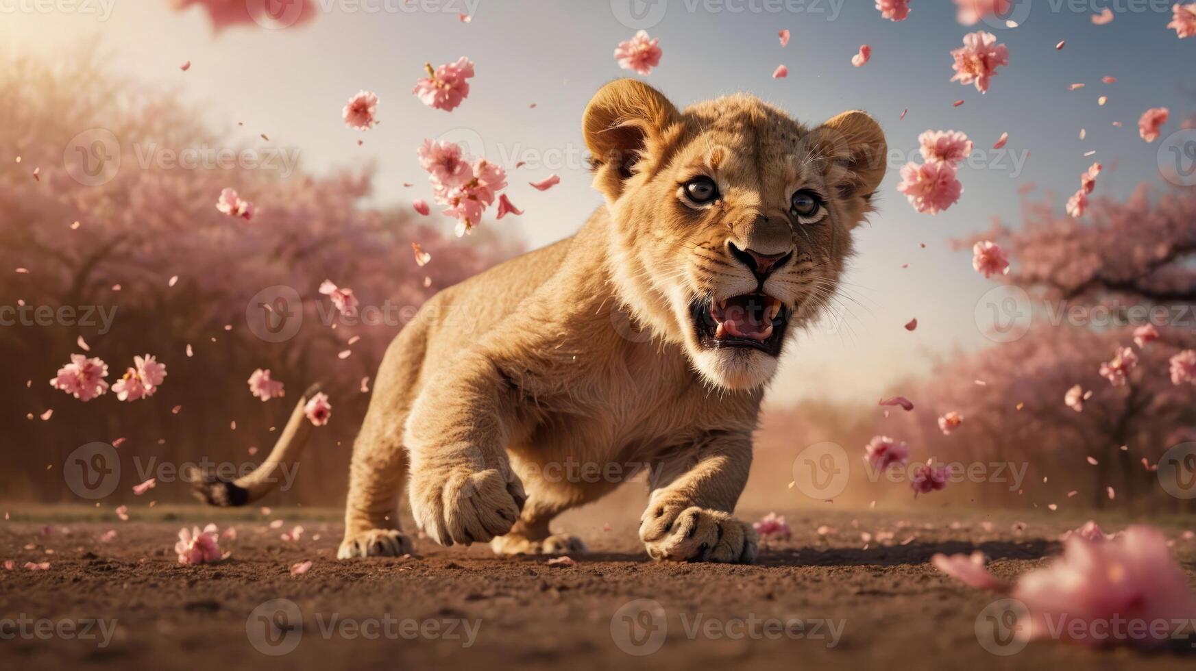 A playful lion cub surrounded by cherry blossoms in a vibrant, natural setting. photo