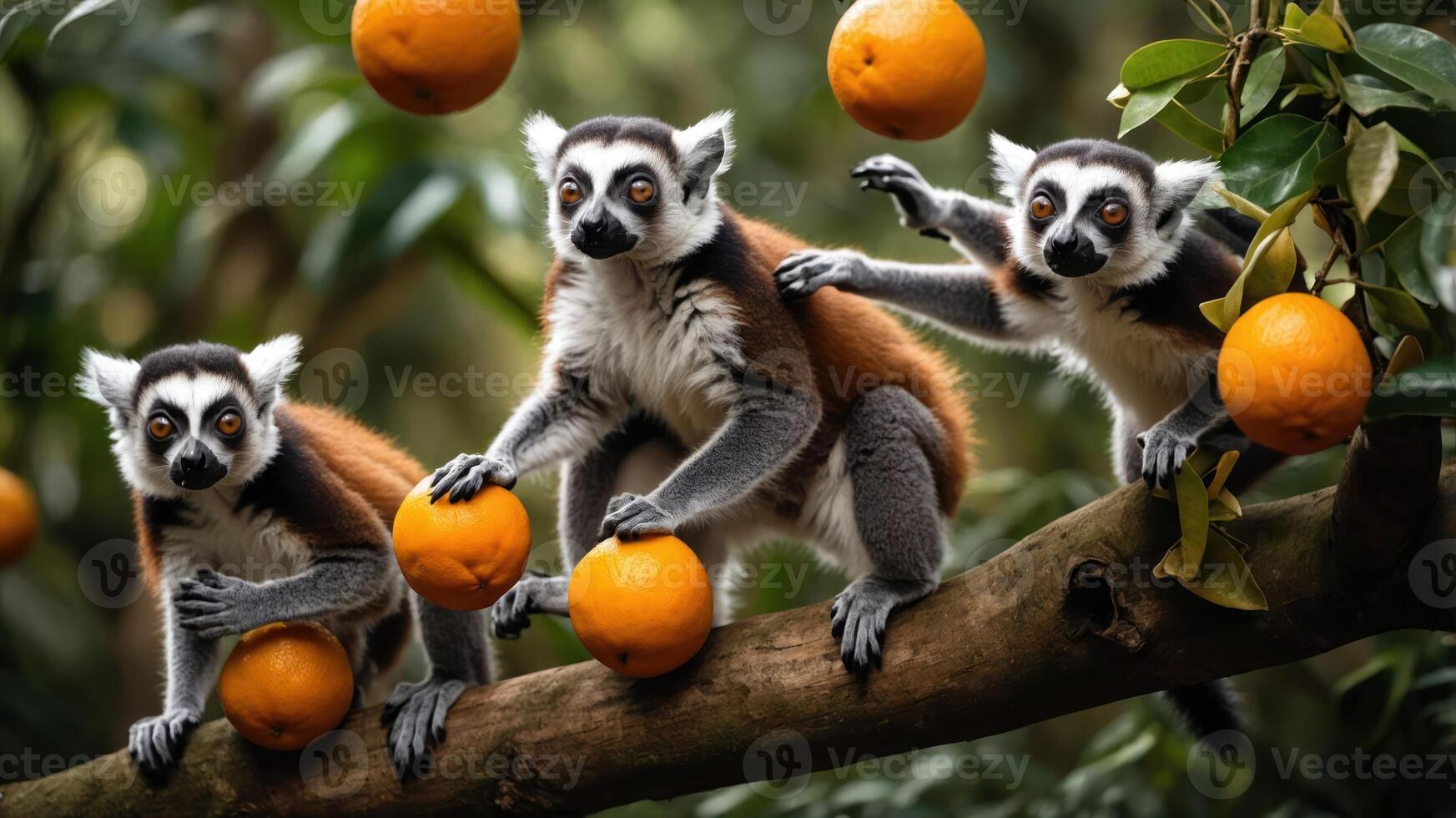 Three playful lemurs interacting with oranges on a tree branch in a lush environment. photo