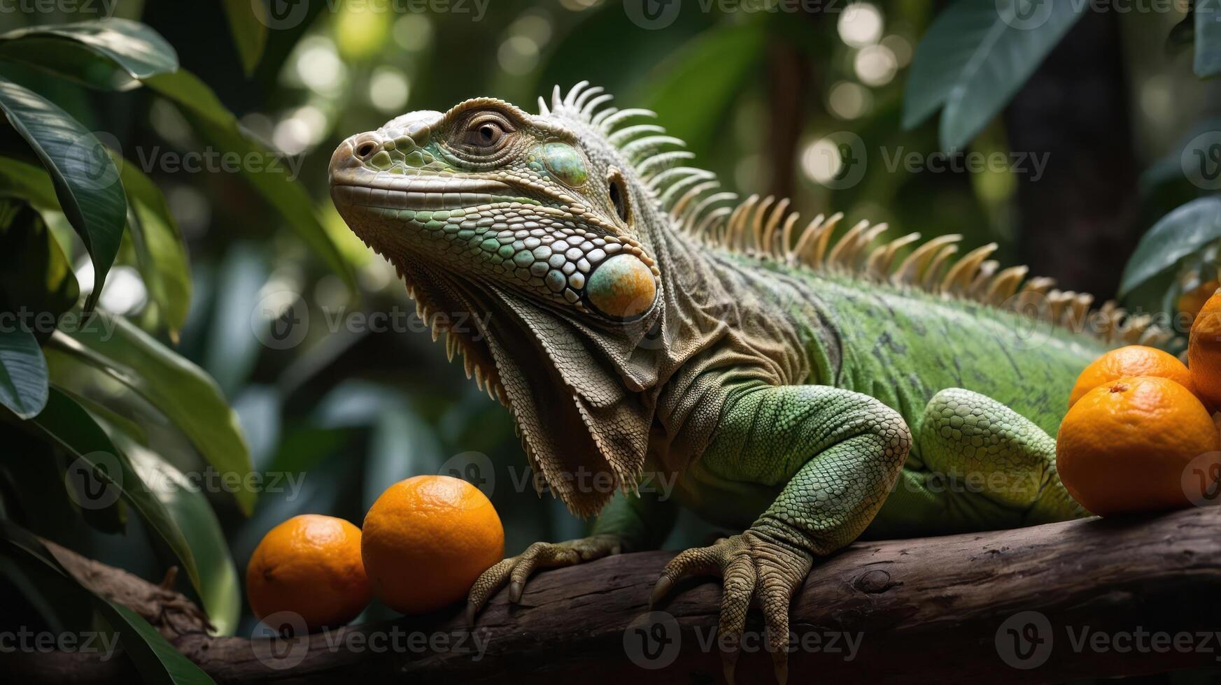 A green iguana poses on a branch surrounded by oranges in a lush environment. photo