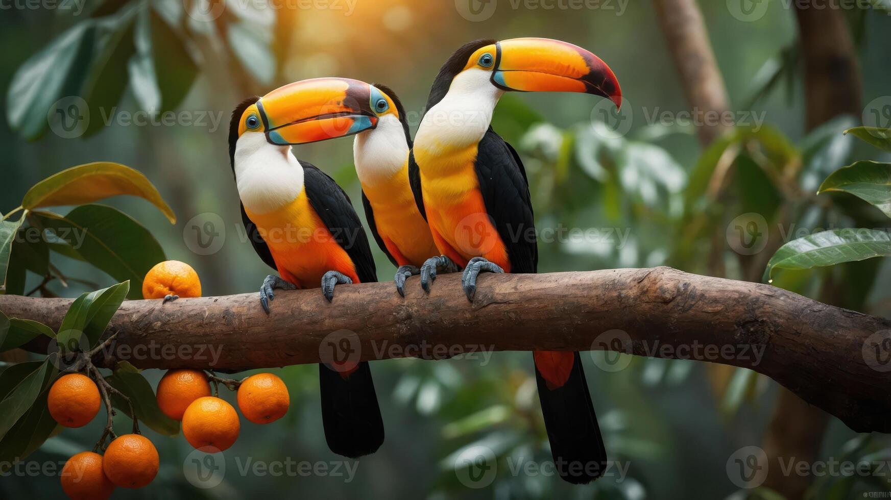 Three colorful toucans perched on a branch amidst lush greenery and oranges. photo