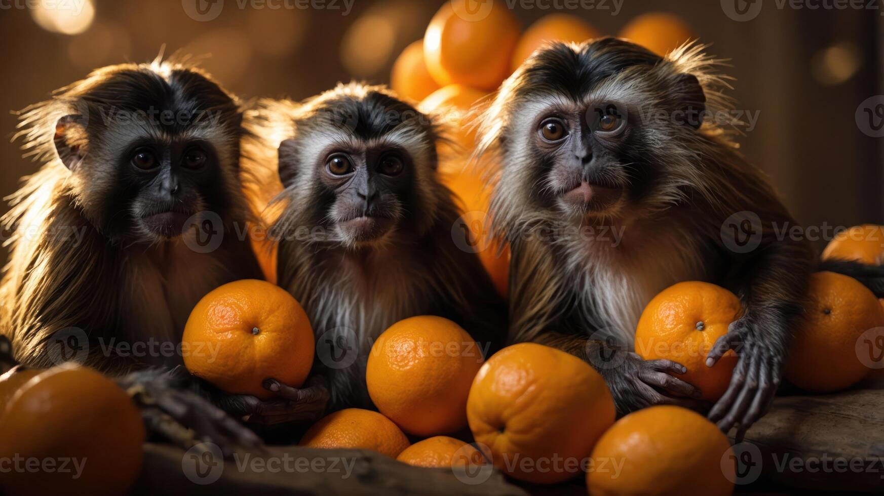 Three monkeys sitting among oranges, creating a playful and vibrant scene. photo