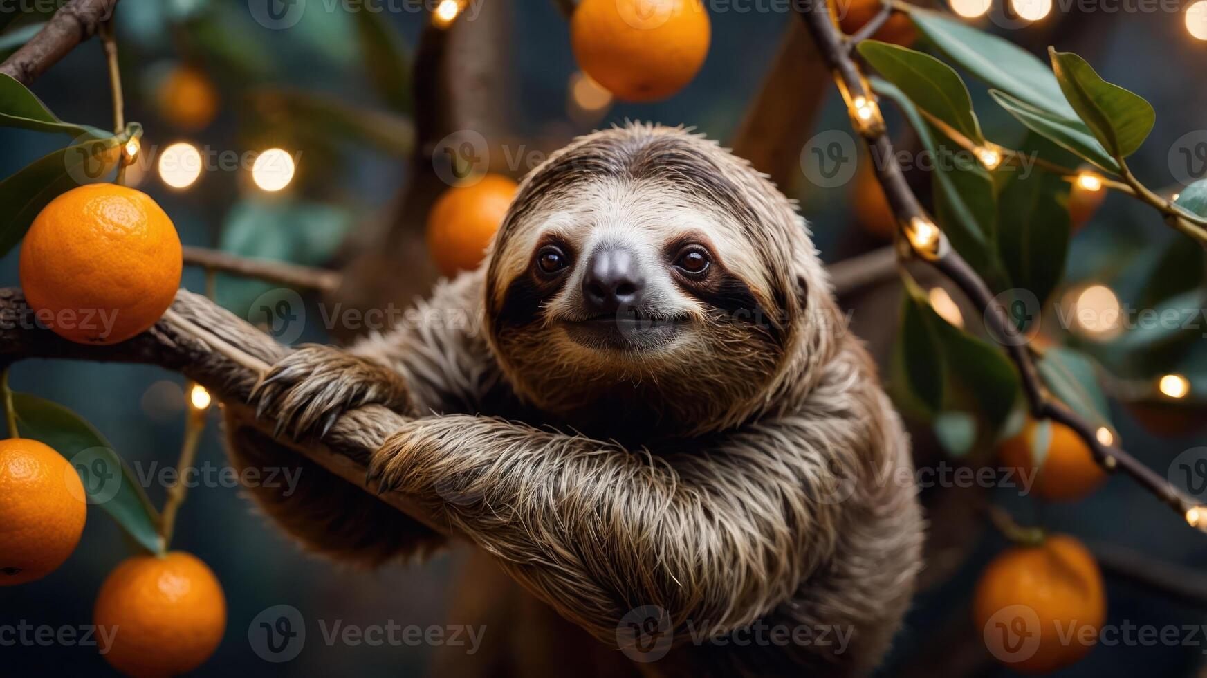 A sloth hanging on a tree branch surrounded by oranges and fairy lights. photo