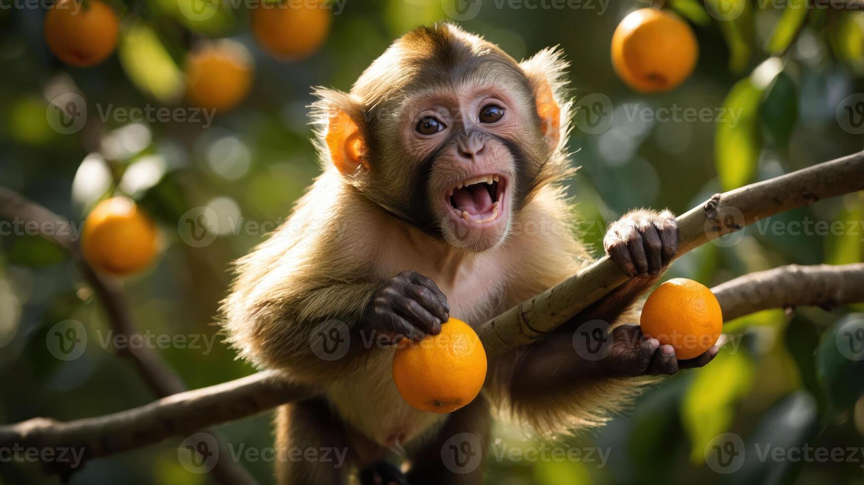 A playful monkey sitting on a branch, holding oranges amidst lush greenery. photo