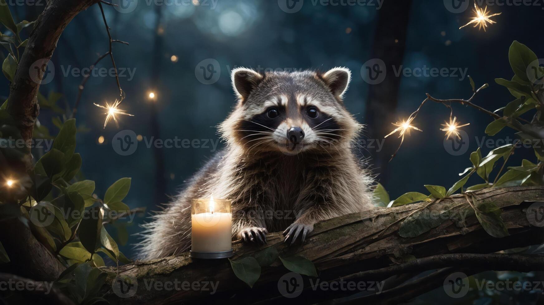 A raccoon perched on a branch beside a glowing candle in a mystical forest setting. photo