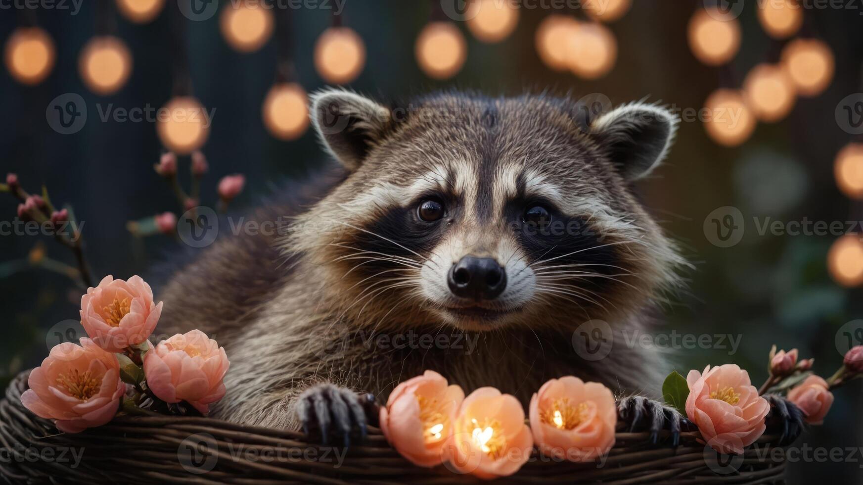 A raccoon surrounded by flowers and lights, creating a whimsical and enchanting atmosphere. photo