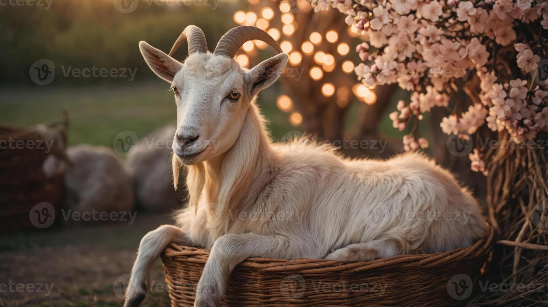 A serene goat resting in a woven basket surrounded by cherry blossoms and soft lights. photo