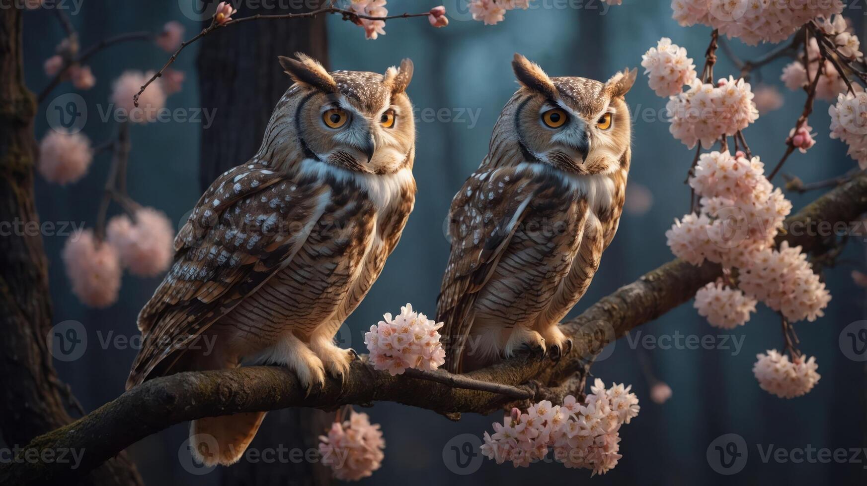 Two owls perched on a branch adorned with pink blossoms in a serene forest setting. photo