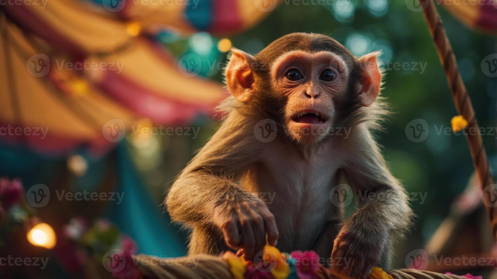 A curious monkey perched on a decorative rope, surrounded by vibrant festival decor. photo