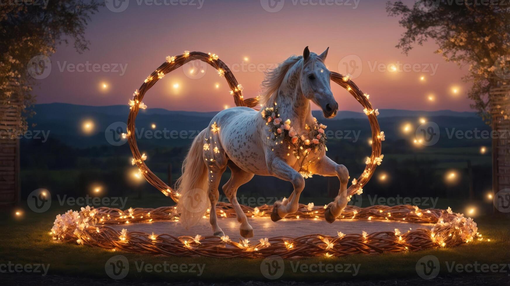 A white horse adorned with lights and flowers, gracefully posed in a magical twilight setting. photo