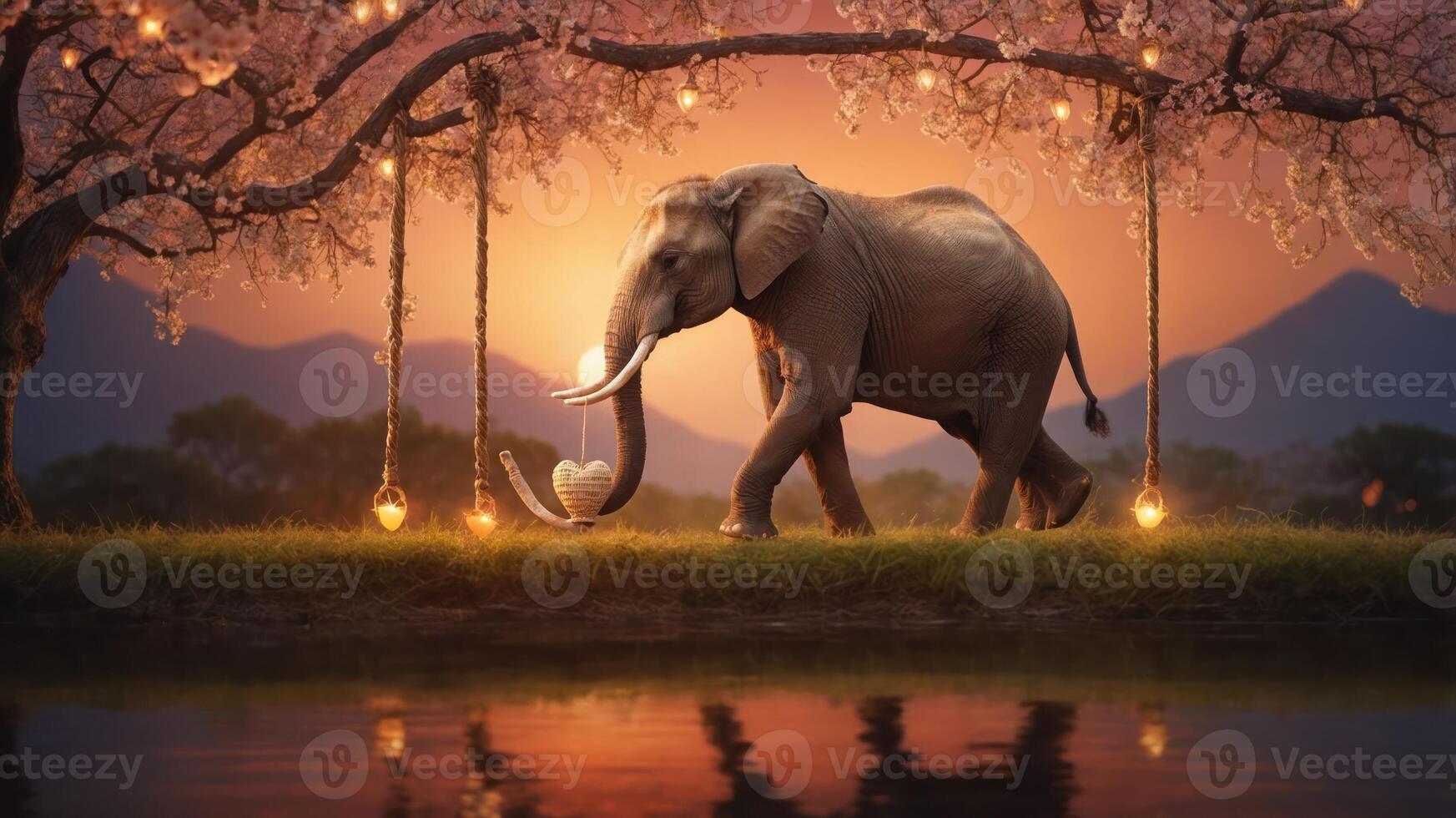 An elephant walks under cherry blossoms at sunset, with heart-shaped decorations and a serene lake. photo