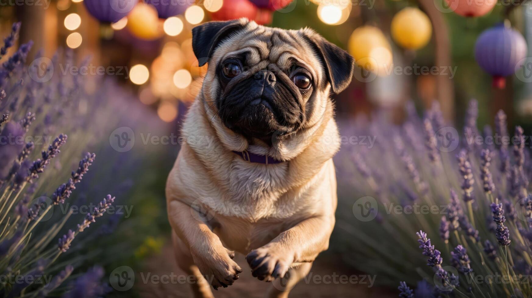 A playful pug runs through a lavender field adorned with colorful lanterns. photo