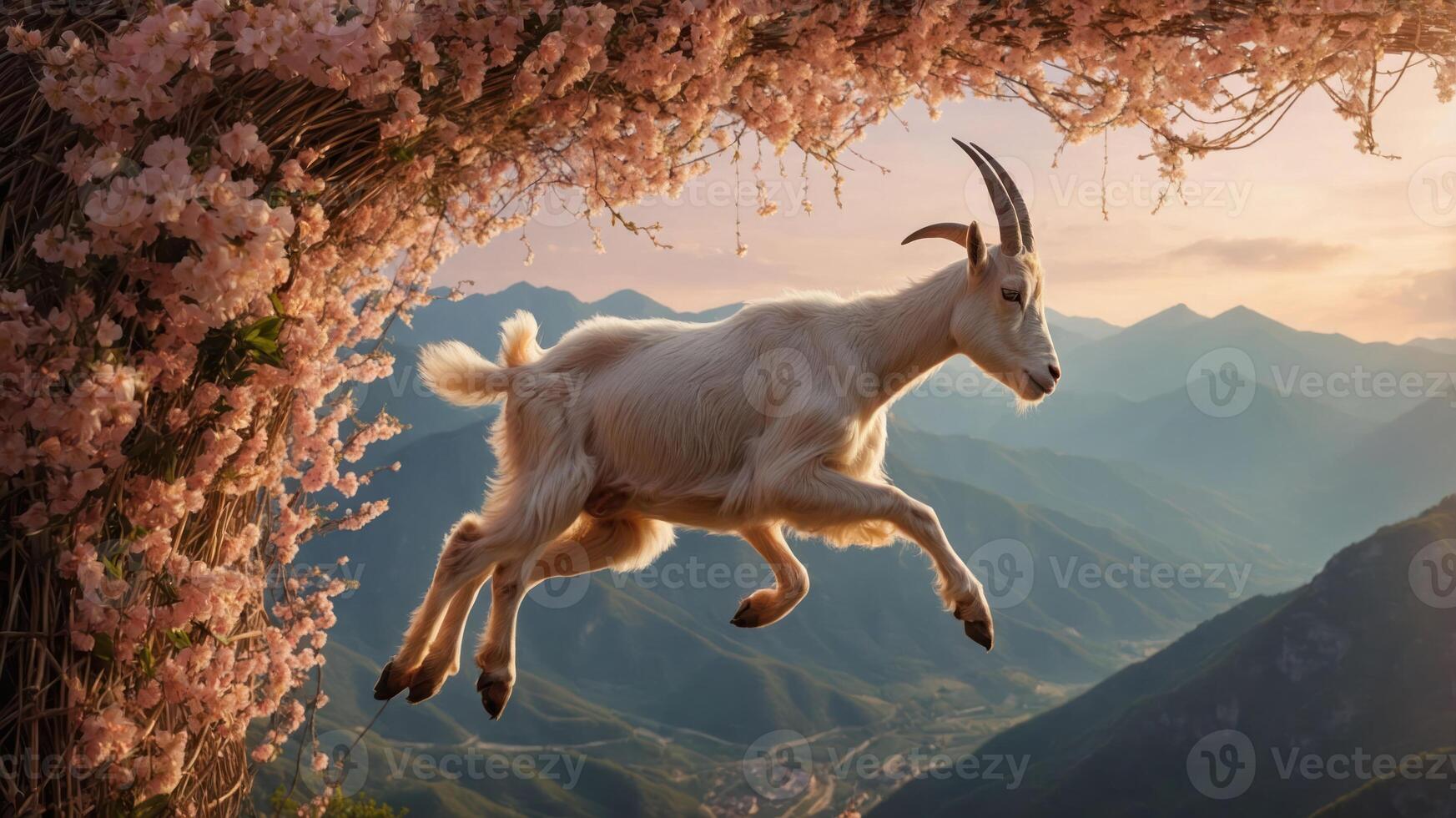 A goat leaps through a floral arch against a mountainous sunset backdrop. photo