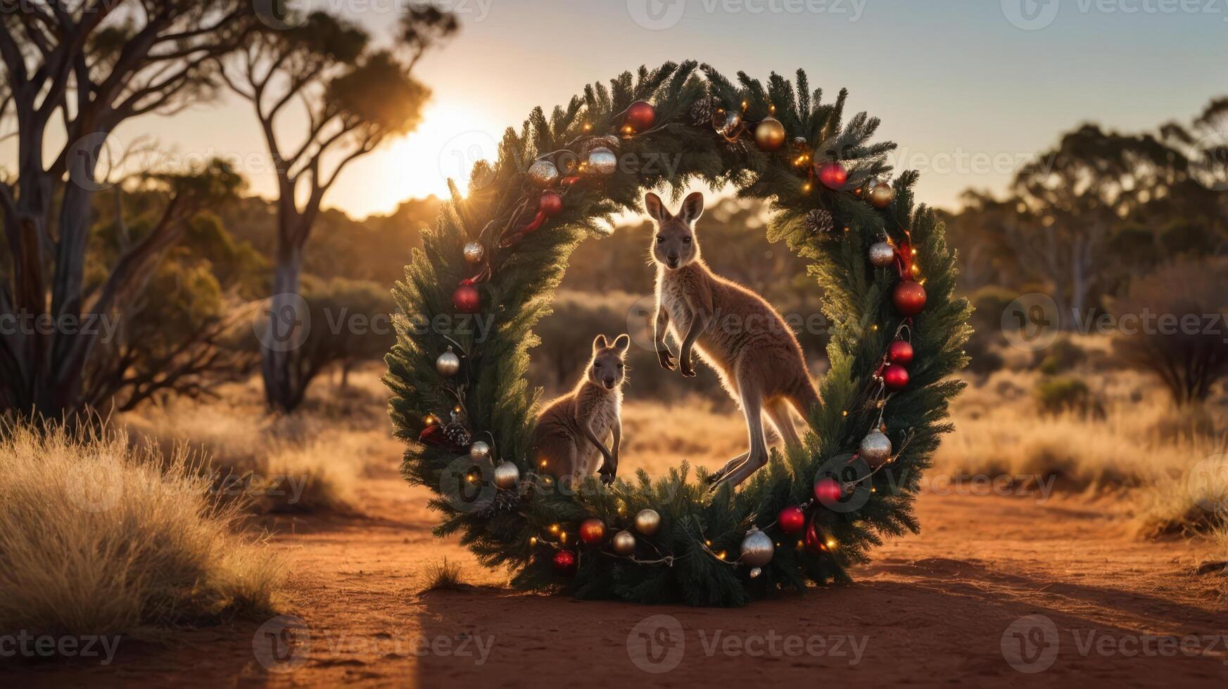 Kangaroos framed by a festive wreath in a sunlit Australian landscape. photo