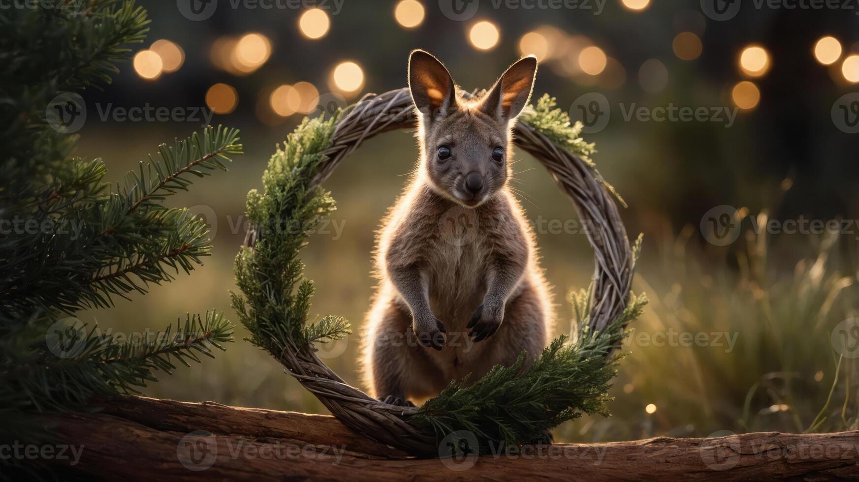 A kangaroo poses playfully within a wreath, surrounded by soft bokeh lights in nature. photo