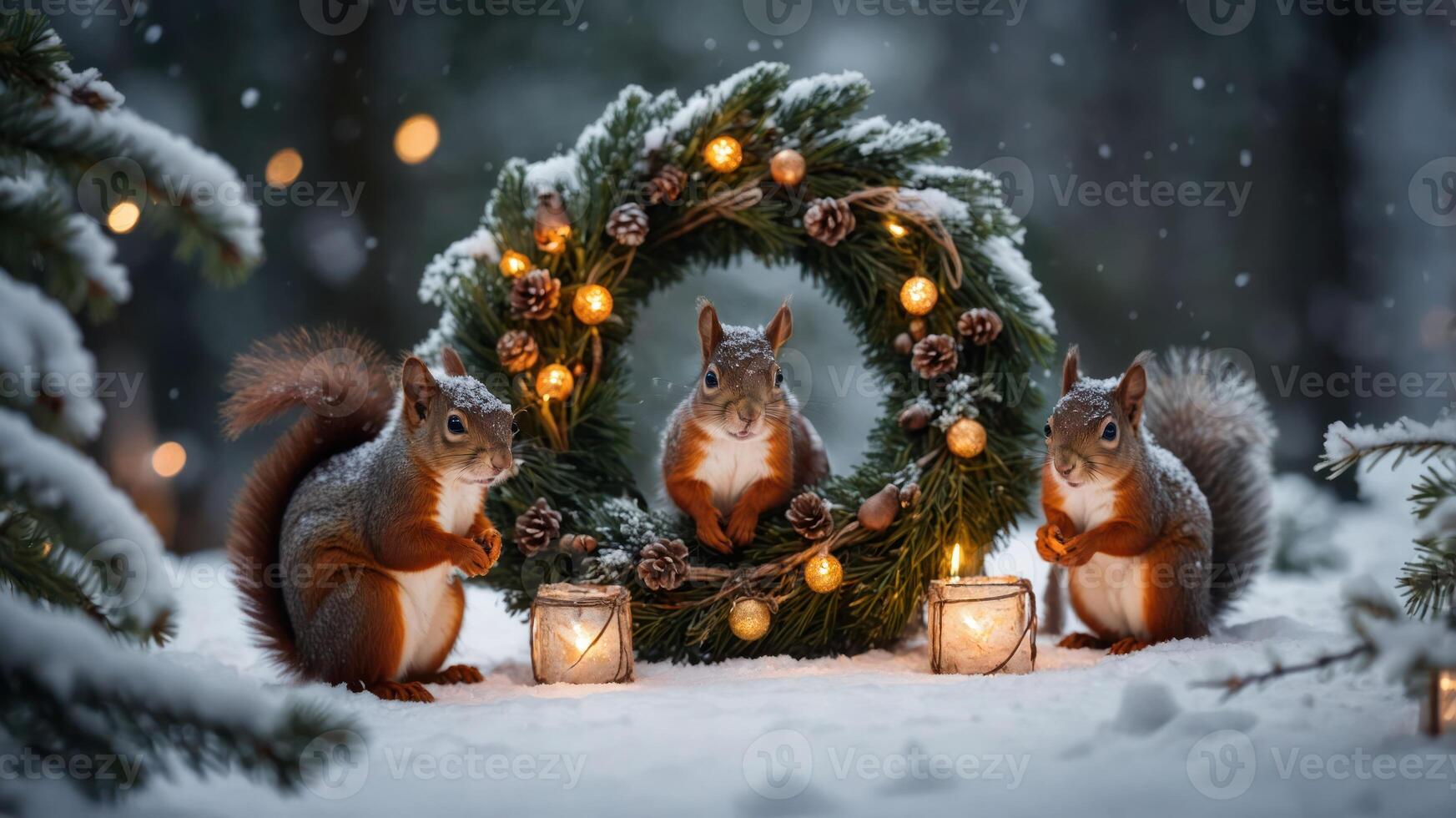 Three squirrels gathered around a festive wreath in a snowy forest setting. photo