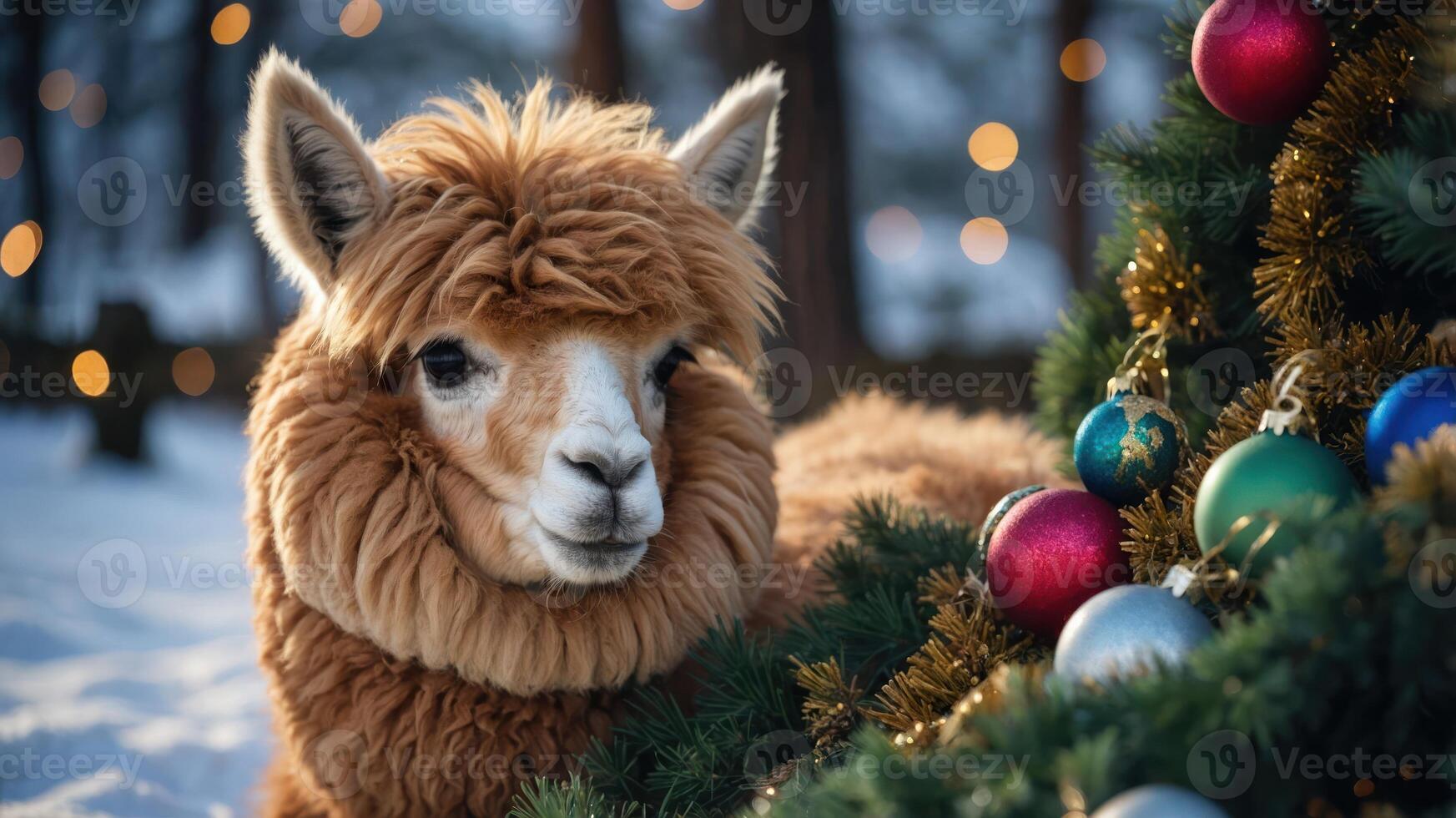 A fluffy llama beside a decorated Christmas tree in a snowy landscape. photo