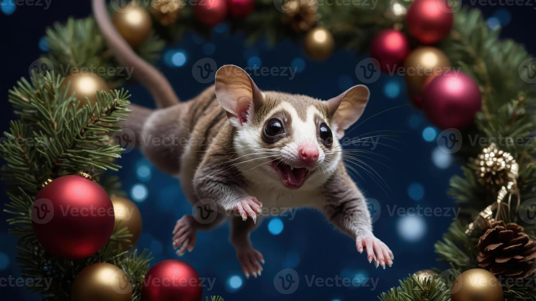 A playful sugar glider leaps through a festive wreath adorned with ornaments. photo