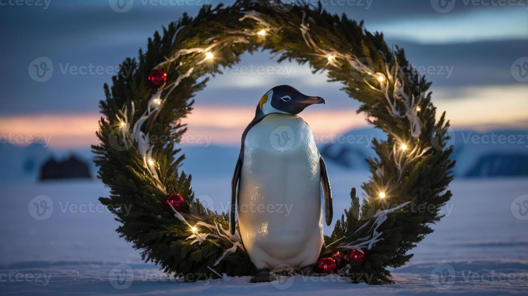 A festive penguin stands within a decorated wreath, highlighting winter themes. photo