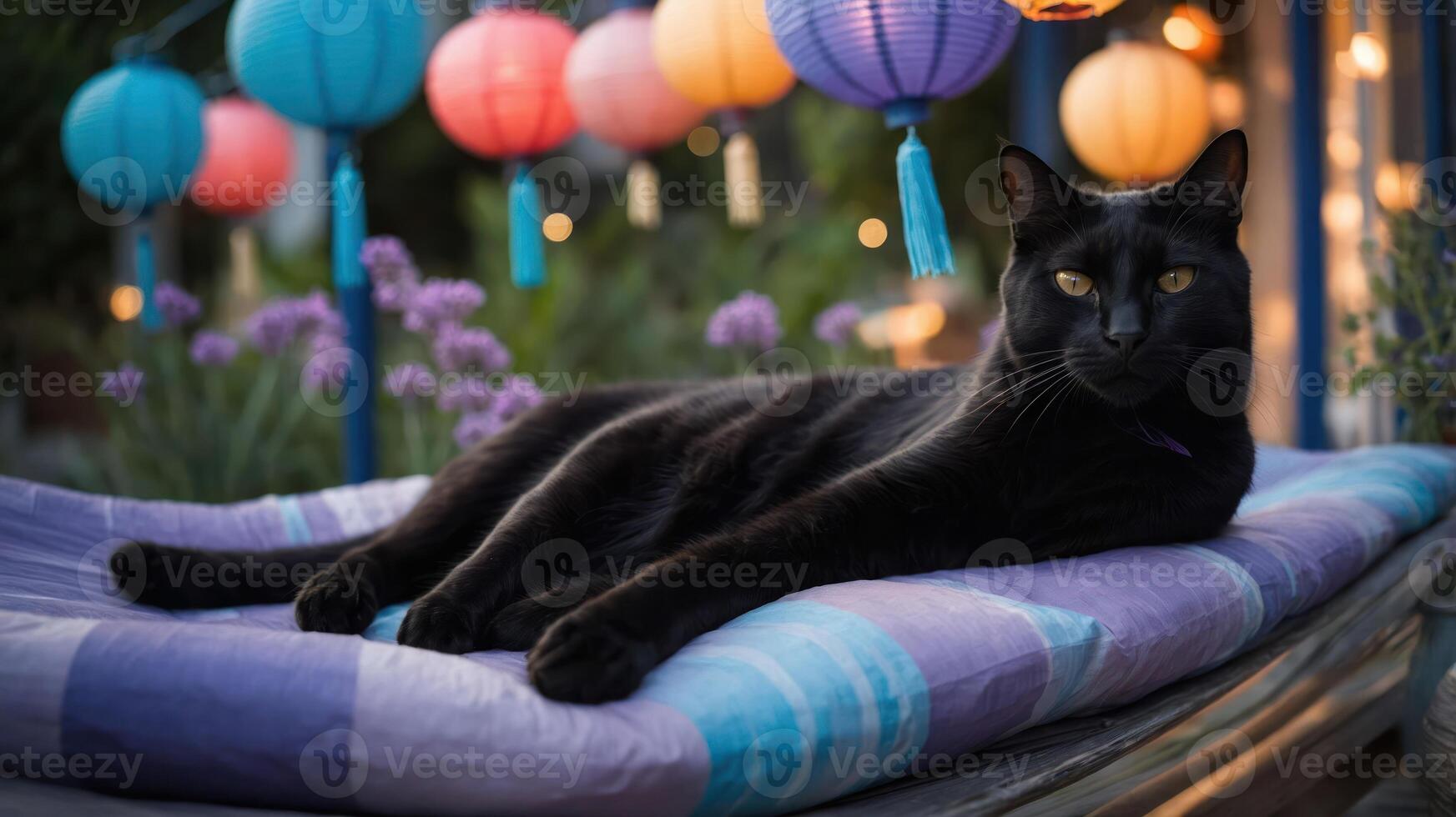 A black cat lounging on a colorful cushion surrounded by lanterns and plants. photo