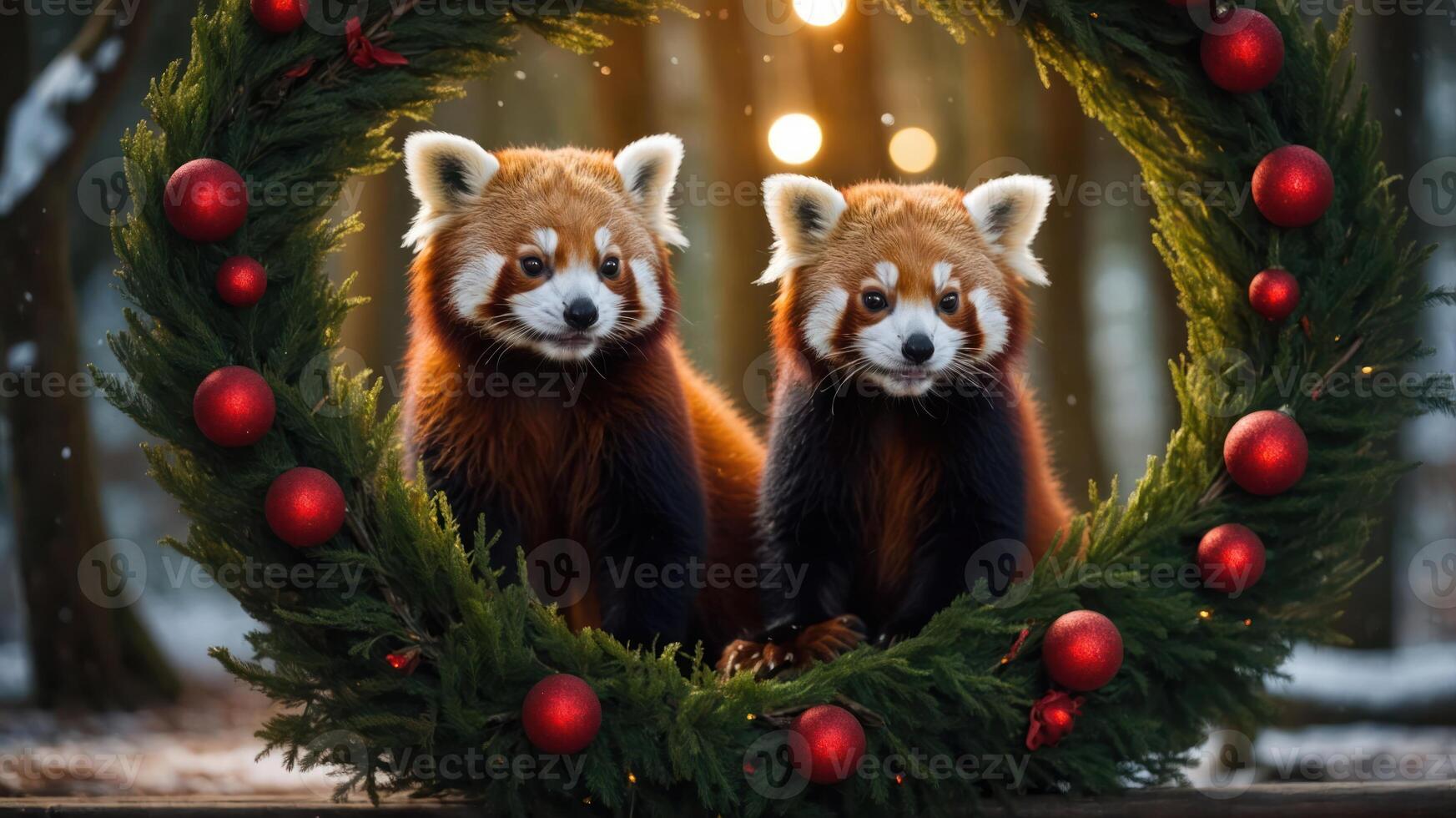 Two red pandas framed by a festive wreath with ornaments in a snowy forest setting. photo