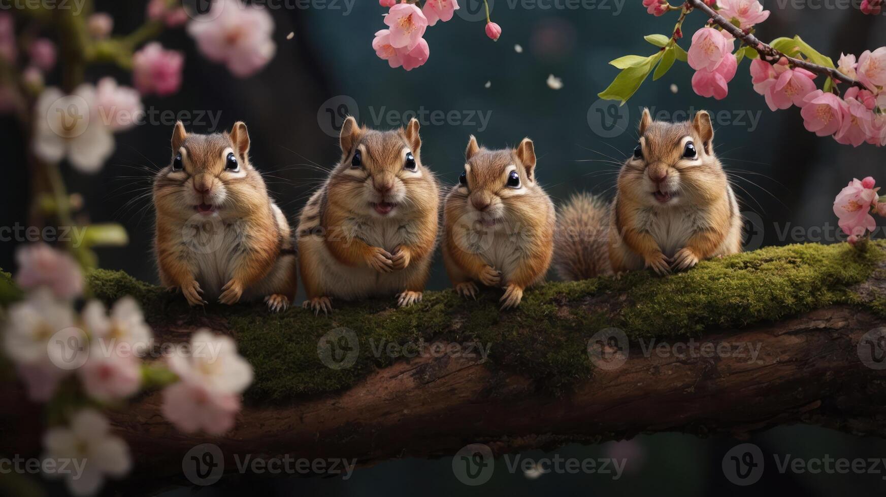 Four chipmunks sitting on a mossy branch surrounded by cherry blossoms. photo