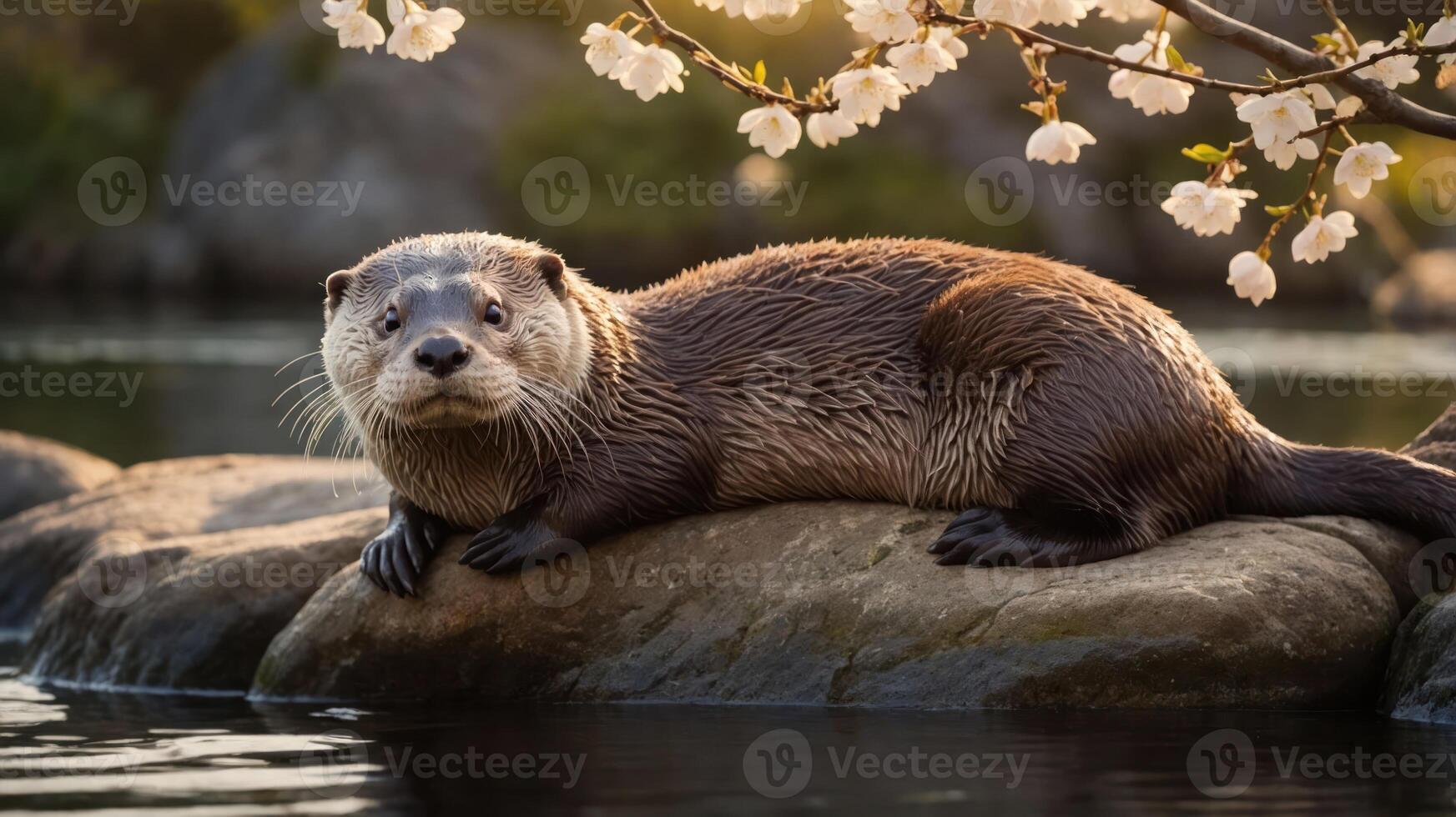 A playful otter rests on a rock by a serene water body, surrounded by blooming flowers. photo