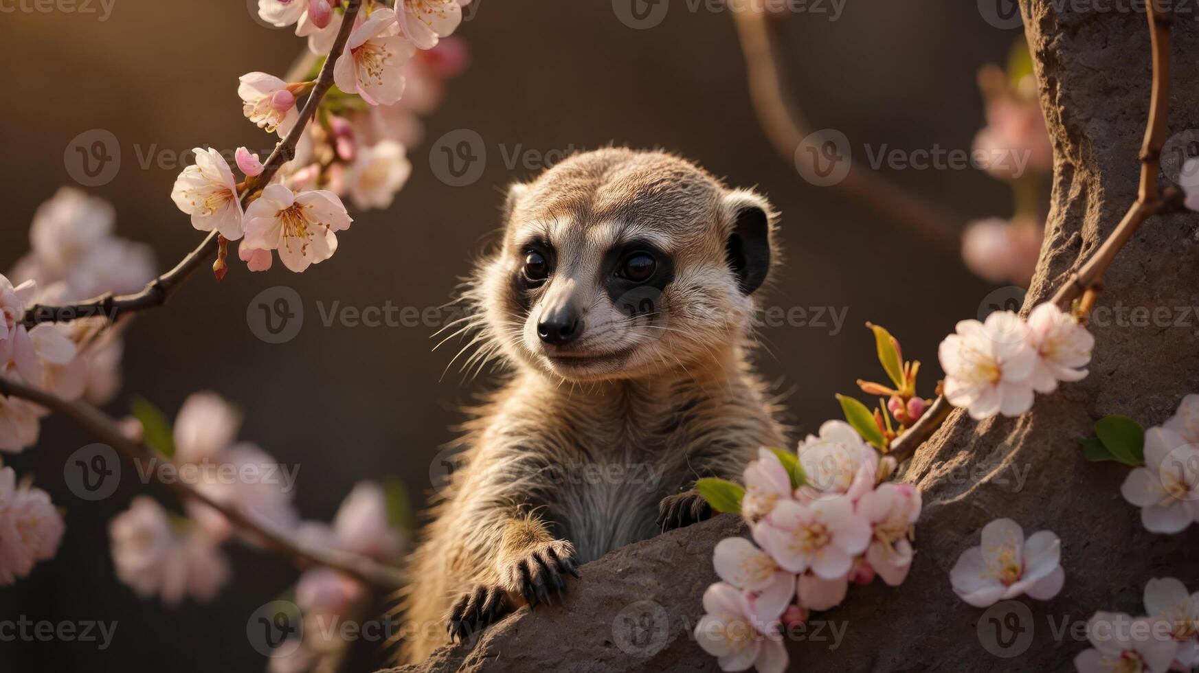 A meerkat peeks through pink cherry blossoms, capturing a serene moment in nature. photo