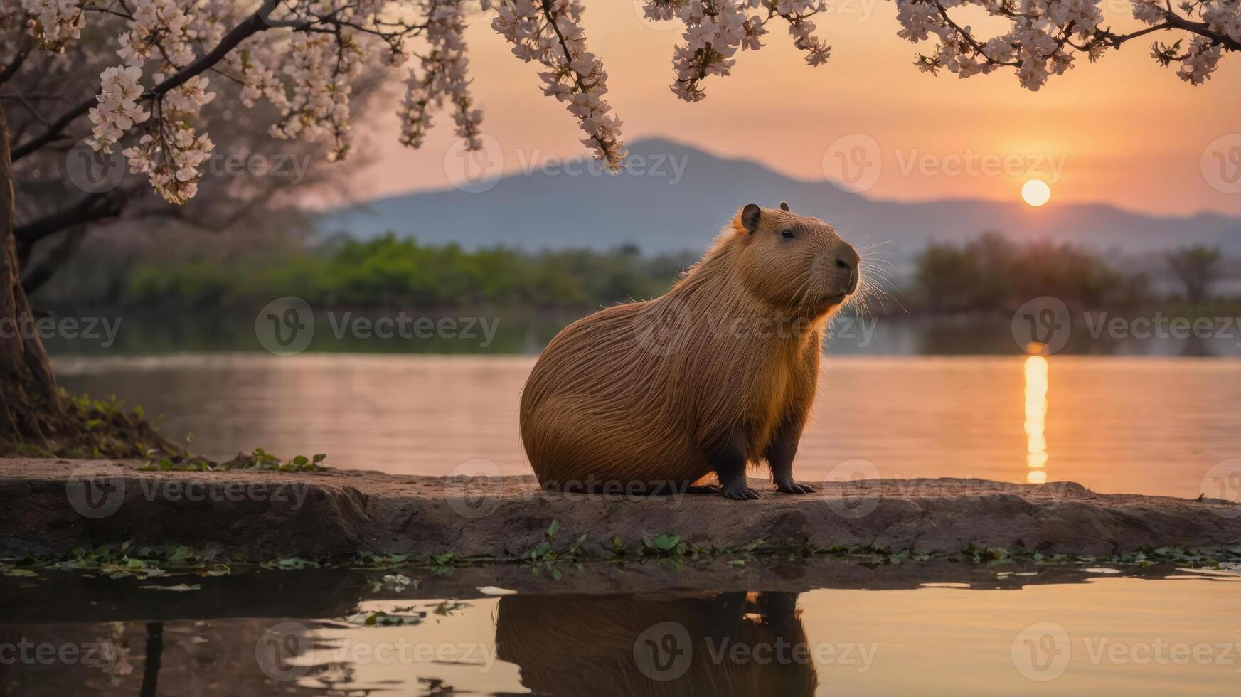 A capybara sits by a tranquil lake at sunset, surrounded by cherry blossoms. photo