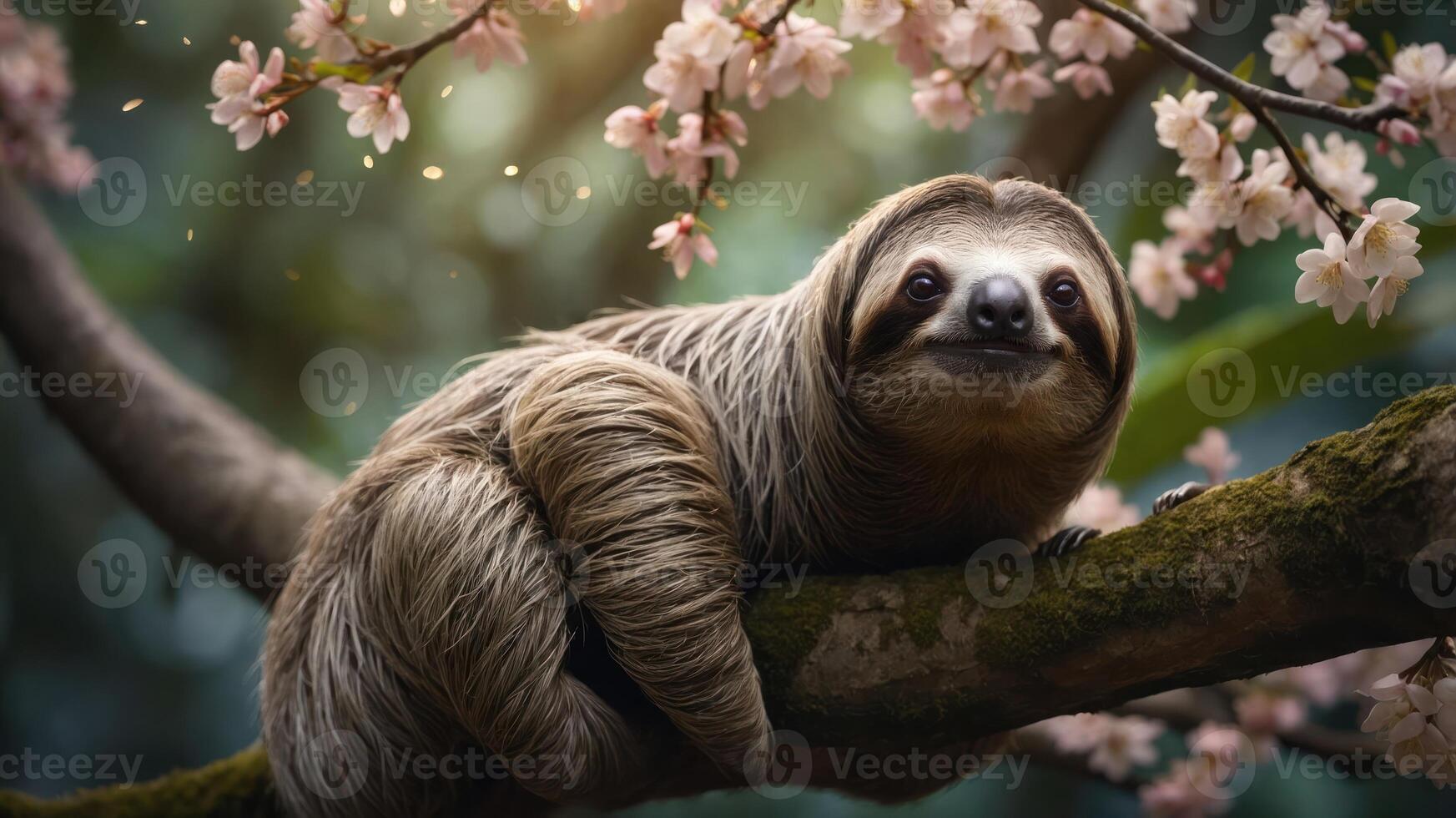 A sloth resting on a branch surrounded by cherry blossoms in a serene forest setting. photo
