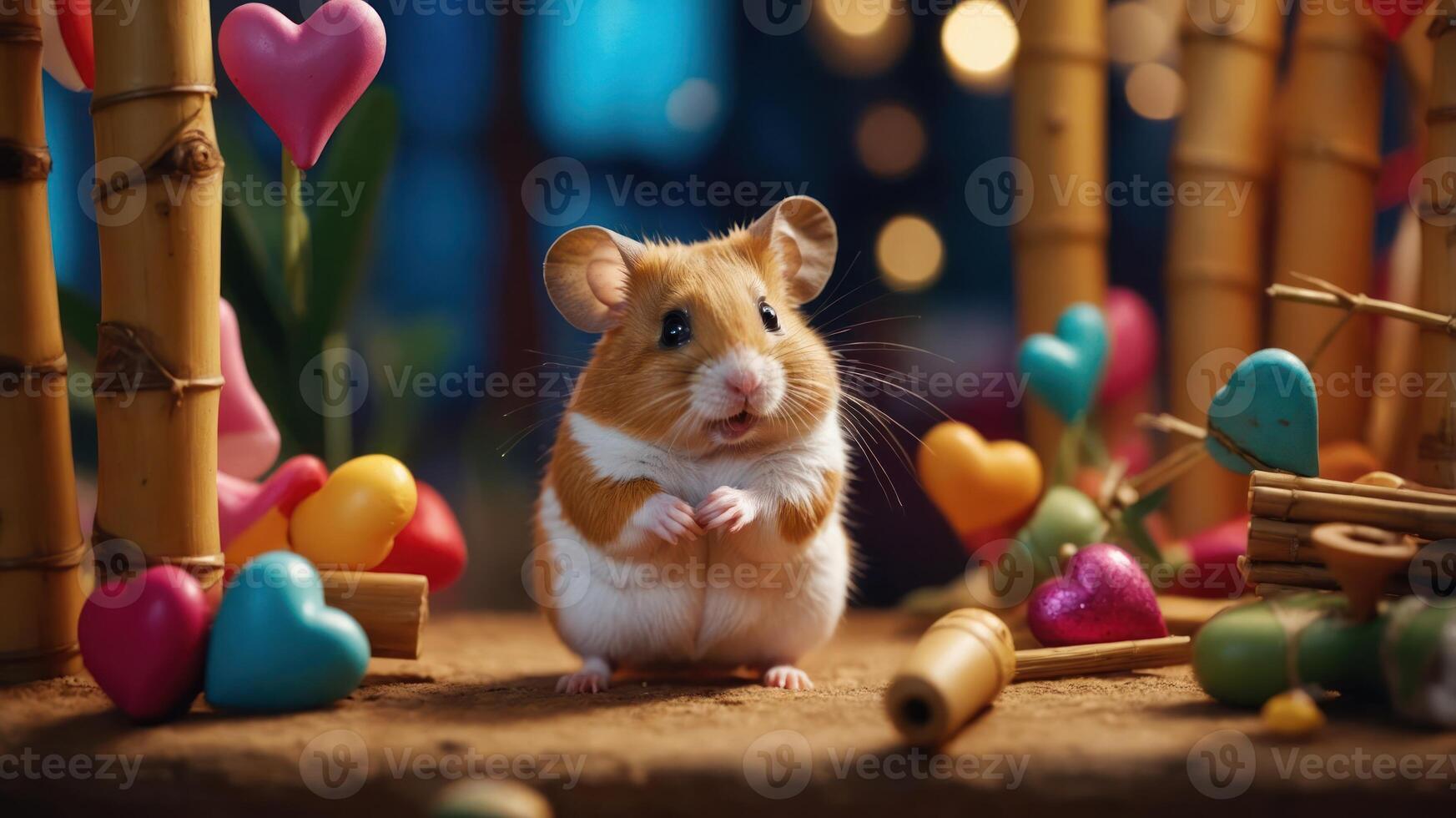A cute hamster surrounded by colorful hearts and bamboo, creating a whimsical atmosphere. photo