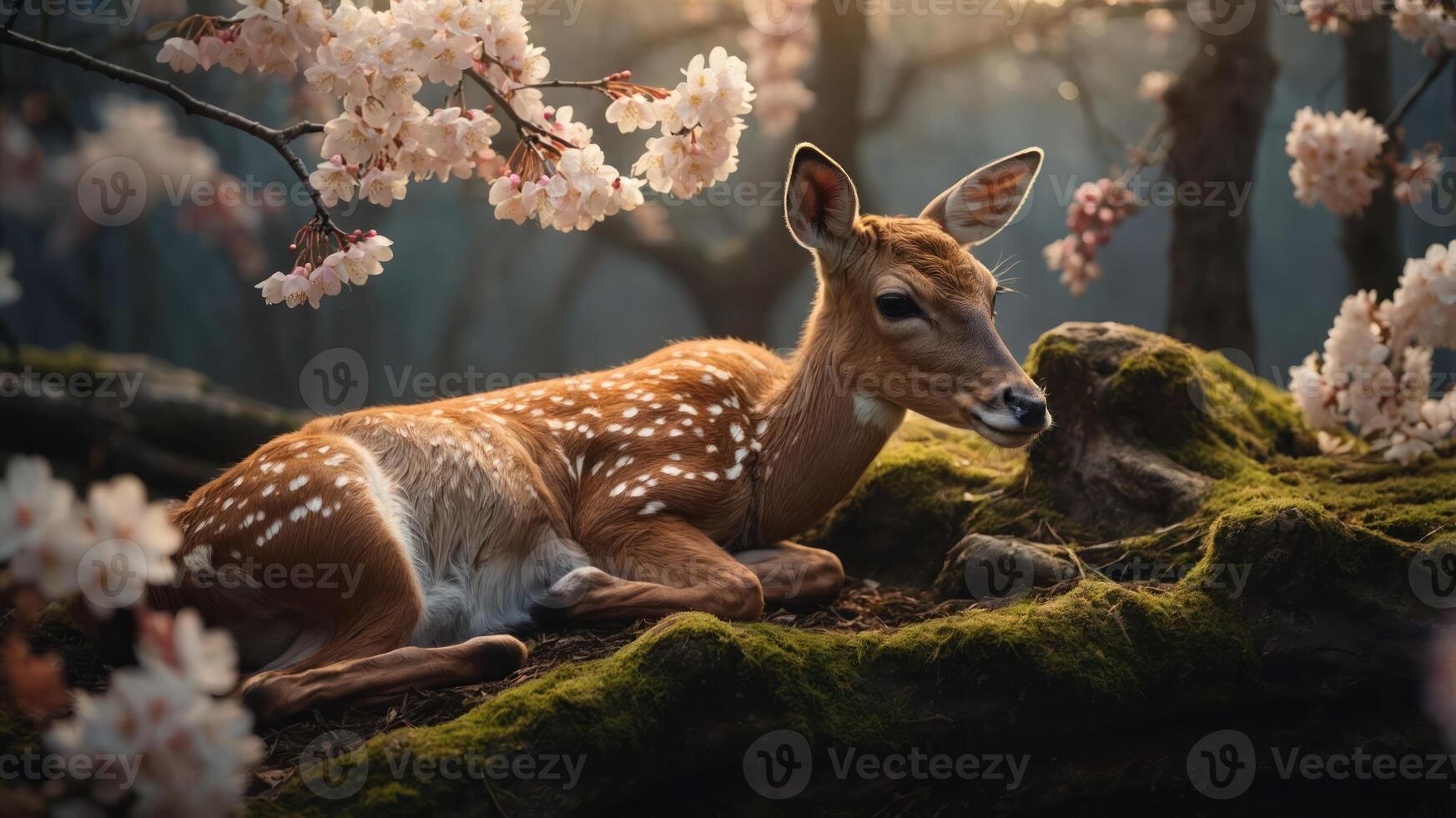 A serene fawn resting among cherry blossoms in a tranquil forest setting. photo