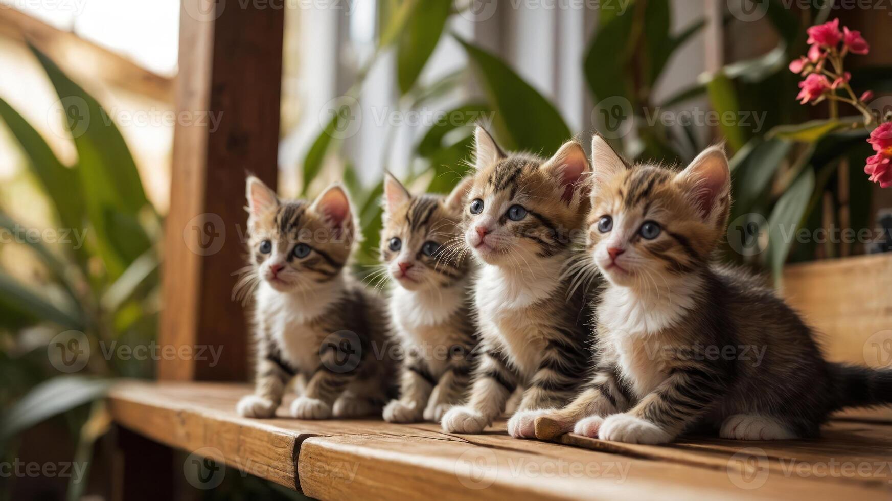 Four adorable kittens sitting in a row on a wooden shelf surrounded by greenery. photo