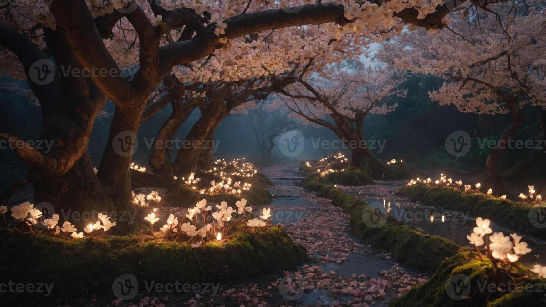 A serene pathway lined with cherry blossom trees and glowing lanterns in a misty environment. photo