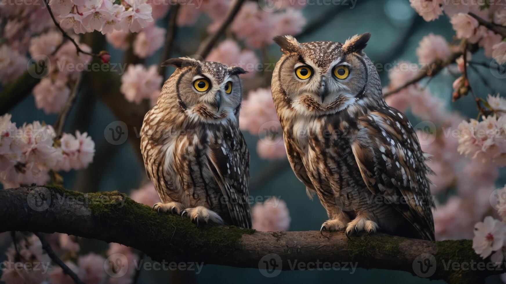 Two owls perched on a branch surrounded by blooming cherry blossoms. photo