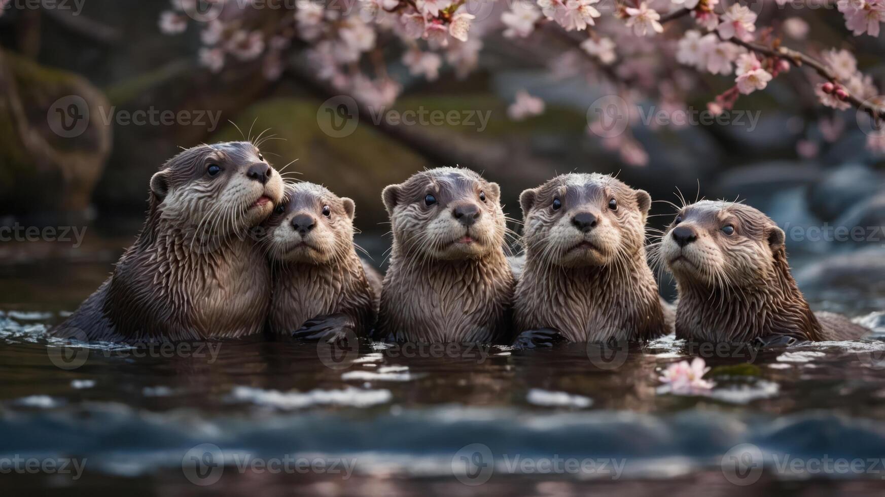 A group of otters playfully gathered in a serene water setting with cherry blossoms. photo