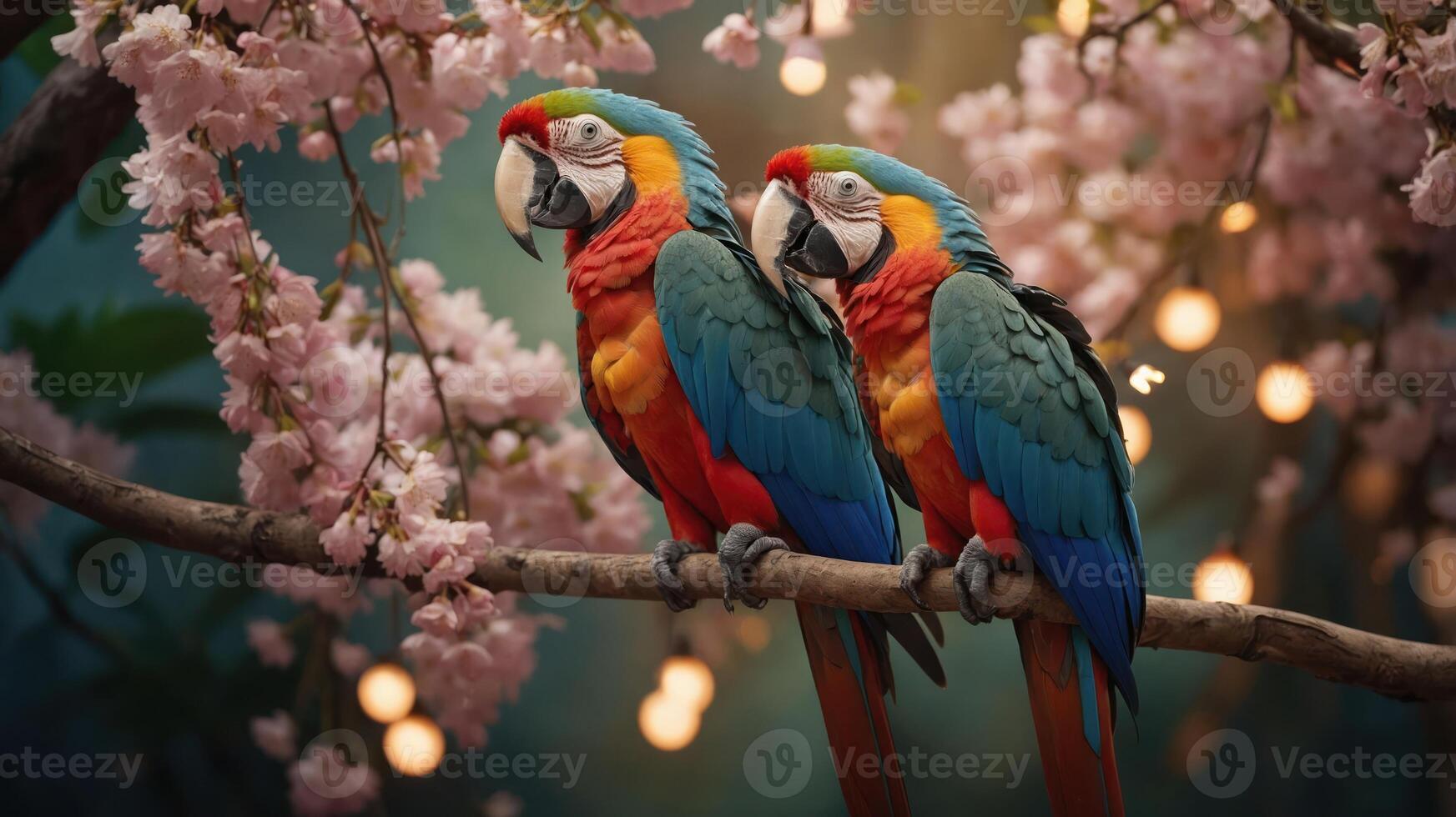 Two vibrant macaws perched on a branch amidst pink blossoms and soft lights. photo
