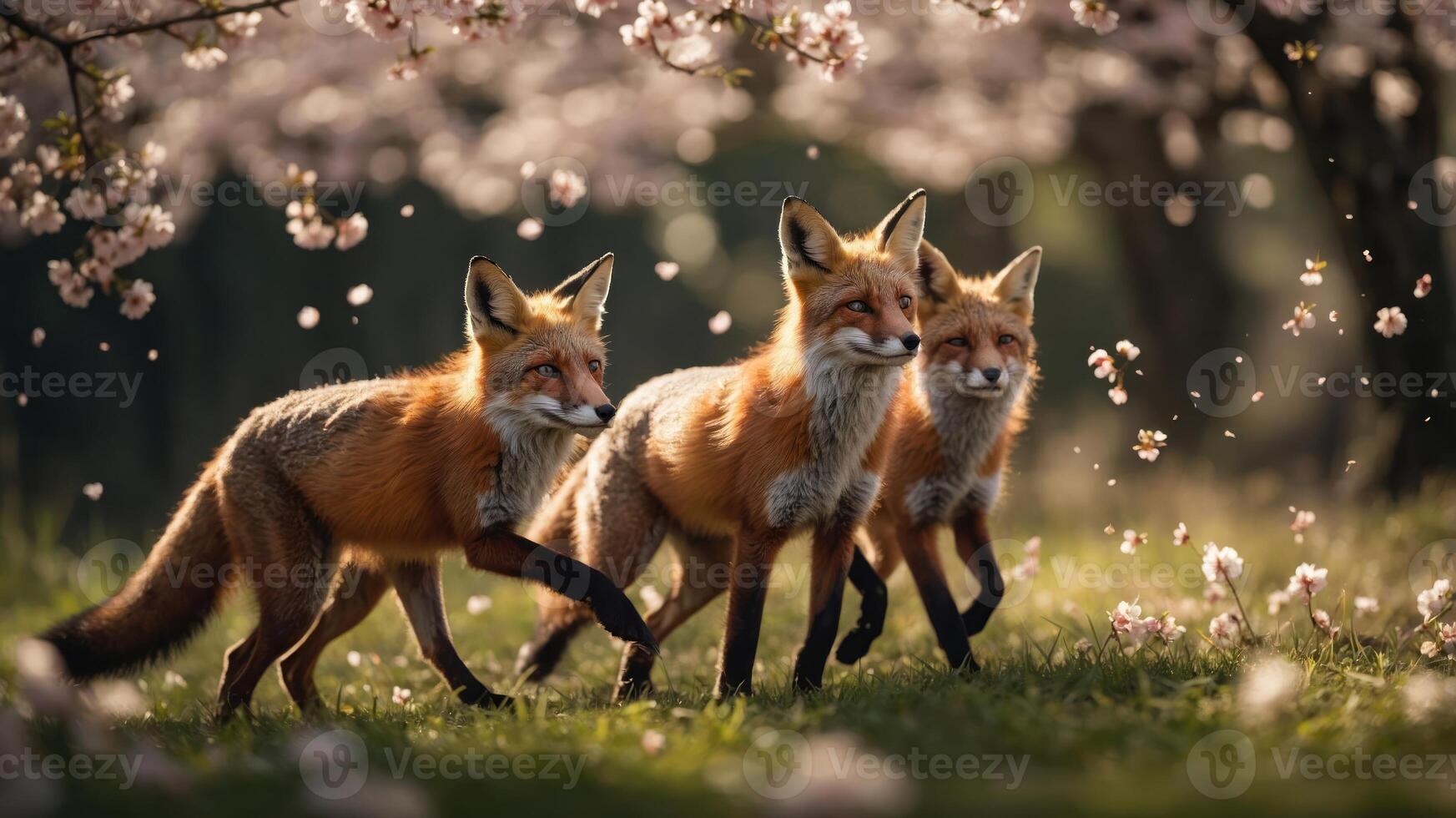 Three foxes walking through a blooming cherry blossom landscape. photo