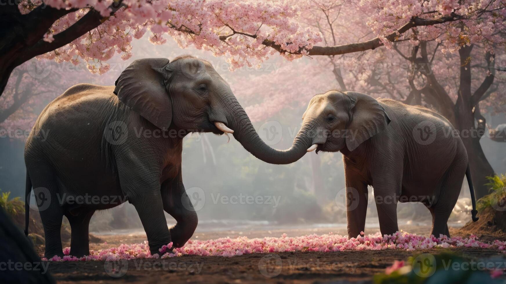 Two elephants playfully interacting under blooming cherry blossom trees. photo