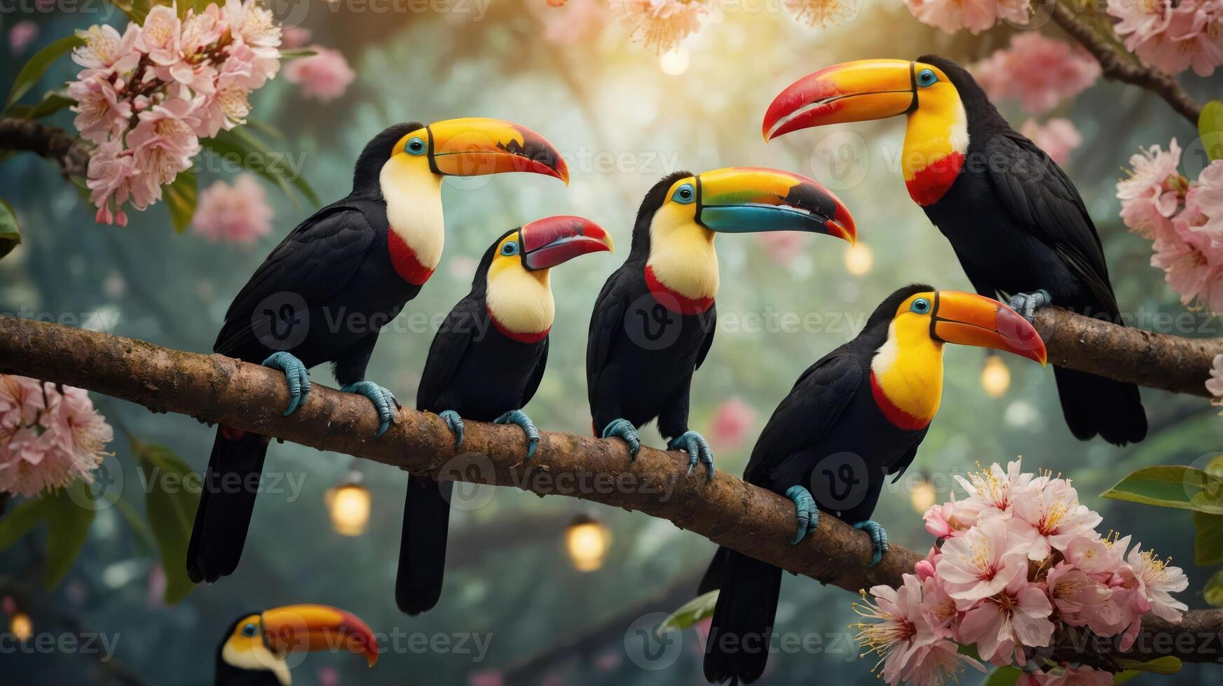 A vibrant scene featuring toucans perched on a branch amidst blooming flowers. photo
