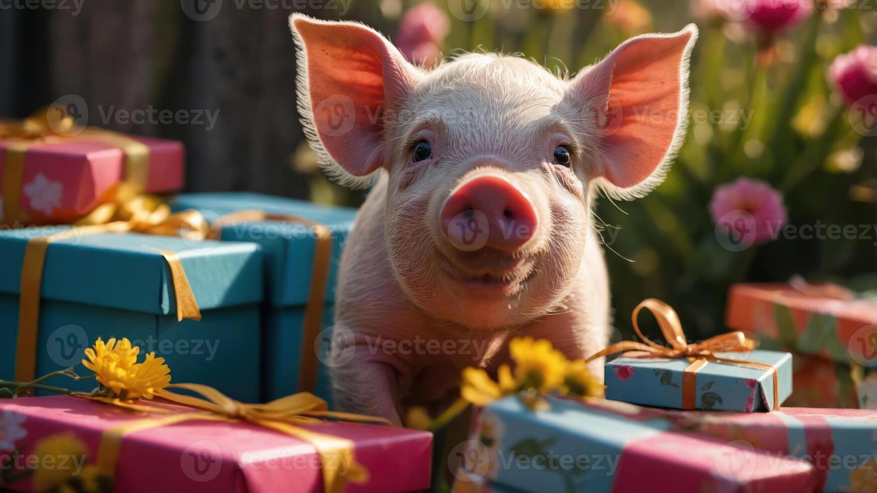 A cute piglet surrounded by colorful gift boxes and flowers in a cheerful outdoor setting. photo